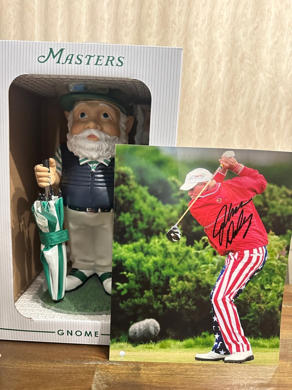 Masters Golf Gnome Figurine - Autographed John Daly Photo, AND Masters Jute Bag